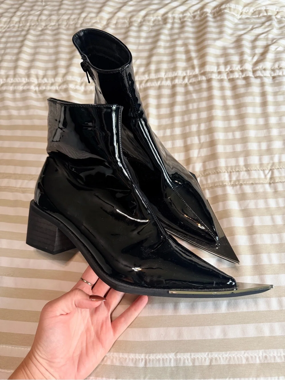 Black Patent Pointed Toe Ankle Boots - Women